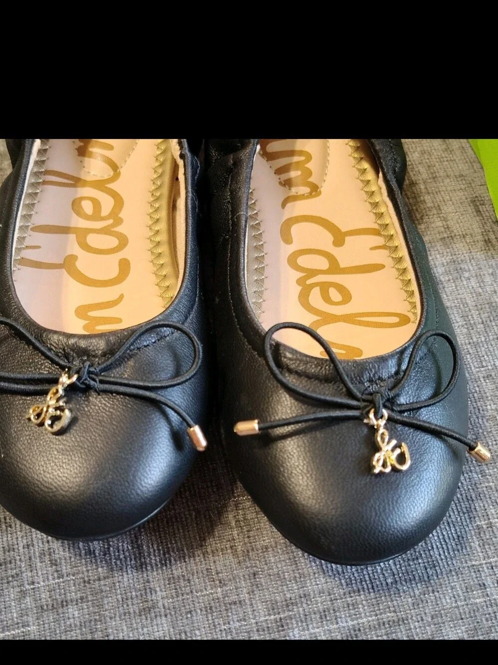 Sam Edelman Black Leather Girls Size 1 Bow Ballet Flats with Gold Charm